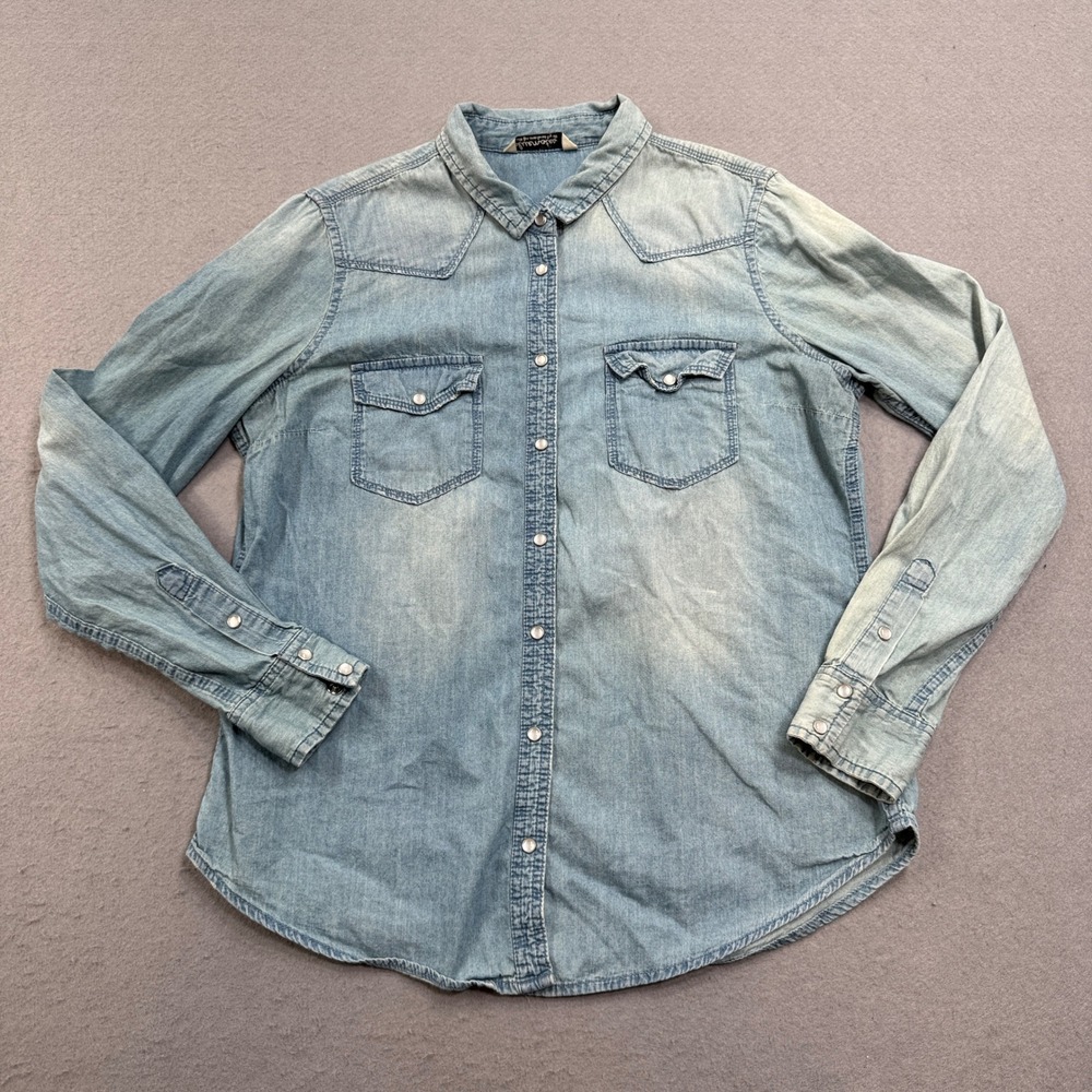 Bluenotes Shirt Women's Large Blue‎ Acid Wash Pearl Snap Western Classic Outdoor